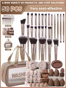 Bộ dụng cụ trang điểm 7/24/25/50 món bao gồm: 1 túi đựng mỹ phẩm và đồ dùng cá nhân đa năng có khóa kéo chống thấm nước + Bộ 25 cọ trang điểm + 5 bông mút trang điểm + 5 bông mút trang điểm mini + 5 bông phấn tam giác + 5 bông phấn dạng cushion mini + 1 băng đô cài tóc + 2 dây đeo bát trang điểm + 1 dụng cụ vệ sinh cọ trang điểm - Nhiều màu - Xem 13