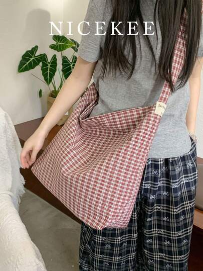 Large Capacity Color Blocked Versatile Checkered Shoulder Bag, Niche Design Simple Casual Daily Underarm Bag, Fashionable Lazy Style Crossbody Bag, Suitable For Shopping, Commuting, Work, Daily Outings