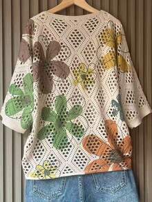 女士镂空花卉针织印花V领毛衣，适合度假夏季穿着 - 綠色 - 查看 2