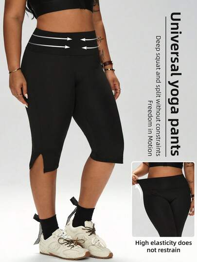 1 chiếc quần short yoga cỡ lớn, mùa xuân/hè, quần lửng tập luyện ngoài trời thoải mái với thiết kế xẻ tà nhỏ.