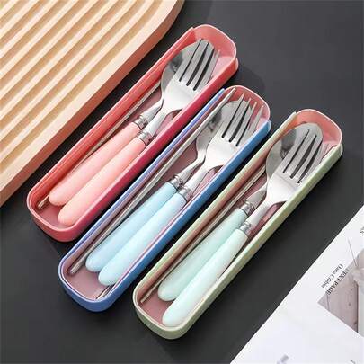1 Set Portable Stainless Steel Cutlery Set, Includes Spoon, Fork, Chopsticks And Storage Box, Suitable For Outdoor Travel, Kitchen, Christmas Gift