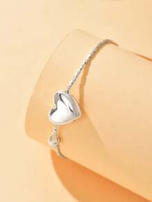 1 chiếc vòng tay bằng đồng mặt dây chuyền hình trái tim tối giản thời trang, thích hợp làm quà tặng ngày Valentine và đeo hàng ngày. - Bạc - Xem 6