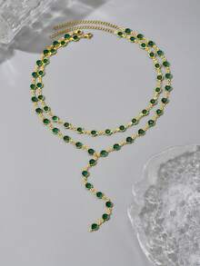 Bộ 2 dây chuyền pha lê tròn màu xanh lá cây thanh lịch, gồm dây chuyền chữ Y và vòng cổ ôm sát, thiết kế tối giản tinh tế, thích hợp làm quà tặng hẹn hò hoặc quà tặng ngày Valentine. - Vàng - Xem 4