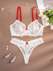1套女士纯色蕾丝蝴蝶结钢圈舒适文胸套装 - 白色 - 查看 4