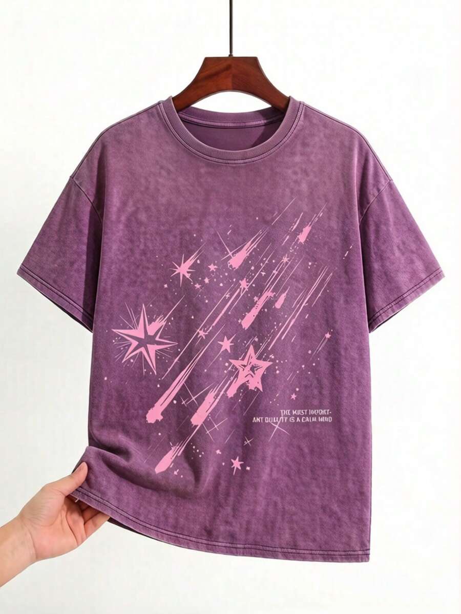 EWH Vintage Distressed, Meteor Print T-Shirt, Men's Short Sleeved, Loose Fit, Short Sleeved TopDG0004 - Màu tím - Xem 1