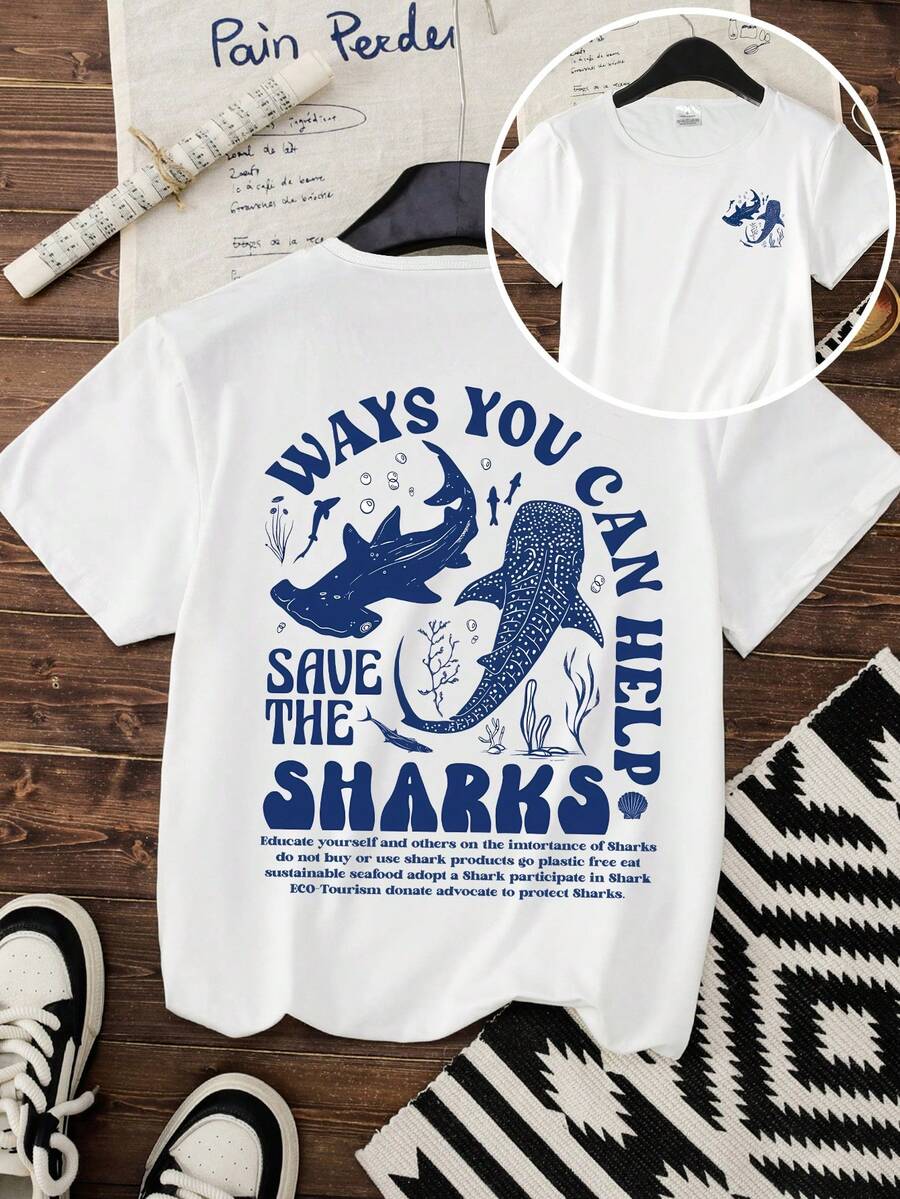 女士日常休闲海滩度假鲨鱼印花圆领夏季短袖T恤 休闲白色 - 白色 - 查看 1