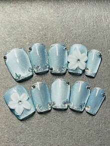 1包/10片-Y2K冰蓝色3D花朵猫眼短方形按压式美甲贴片 | 可爱水钻蝴蝶假指甲 - 淺藍色 - 查看 2