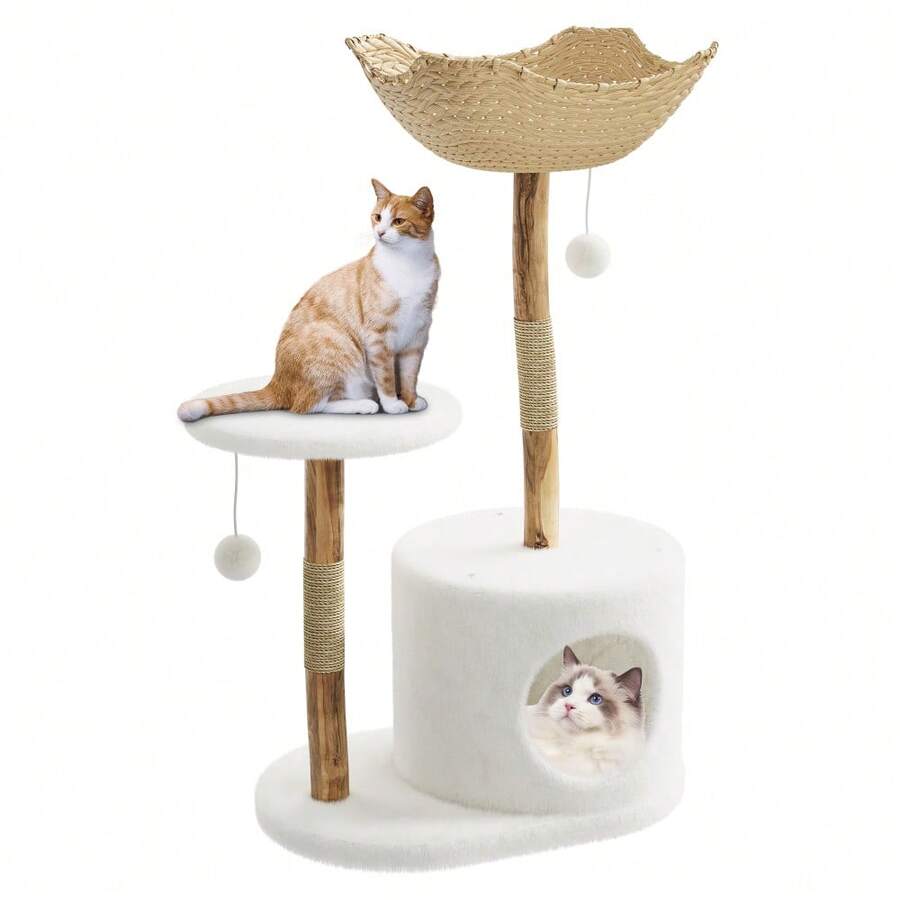 Modern Wood Cat Tree Tower, Natural Wood Frame,Stylish Indoor Cat Condo & Furniture For Kittens And Cats - 無色 - 查看 1