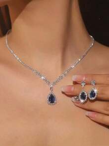 3pcs Set Cubic Zirconia Tear Drop Pendant Necklace Earrings Luxury Bridal Wedding Gown Accessories, Suitable For Cocktail Party And Events - 寶藍色 - 查看 1