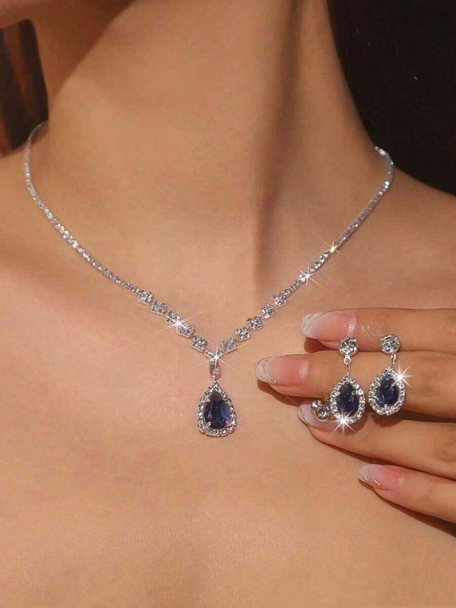3pcs Set Cubic Zirconia Tear Drop Pendant Necklace Earrings Luxury Bridal Wedding Gown Accessories, Suitable For Cocktail Party And Events - 寶藍色 - 查看 1