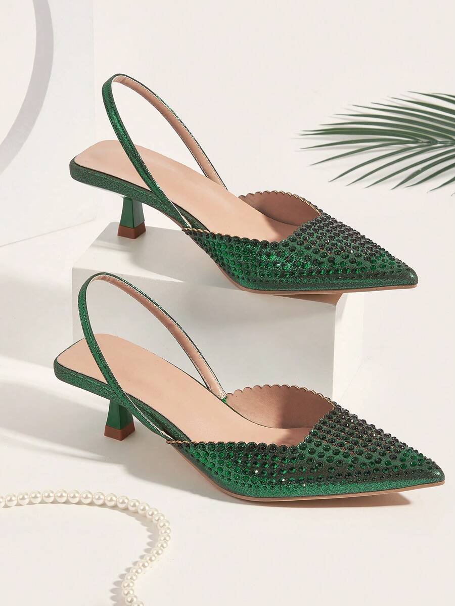 Women's Rhinestone Decor Luxury Kitten Heel Pointed Toe Slip-On Sandals, Shiny Material, Fashionable And Elegant For Party And Formal Wear - Green - View 1