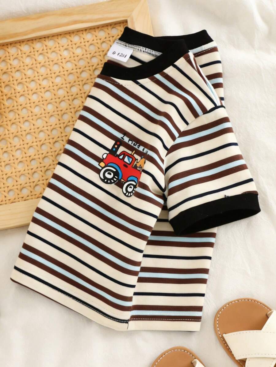 Atasan Lengan Pendek Bergaris untuk Bayi/Balita, Kaos Kasual Ringan dari Katun untuk Musim Semi/Panas - Coklat - View 1