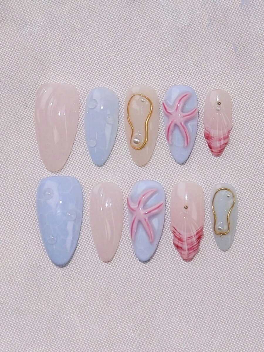 10 Stücke handgemachte einfarbige Nagel Sticker, mandelförmig, mit pastellfarbenen Makaron Farben, 3D Seesterne, Wassertropfen und Muschelmustern dekoriert mit Metalldraht und Perlen, präsentieren einen frischen und lebendigen Look. Geeignet für Damen und Mädchen zum Tragen im Frühling, Sommer, Herbst, Winter, Feiertagen, Partys und für den täglichen Gebrauch, zeigen eine zarte, elegante und reizende Maniküre. - Verschiedenfarbig - Übersicht 1