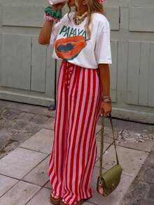 Casual Chic Minimalist Striped Textured Design Loose Fit Everyday Versatile Striped Pants Spring - Multicolor - View 3