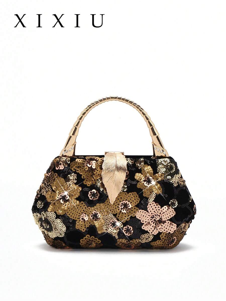 Túi xách dạ hội sang trọng kiểu Pháp mới, đính sequin vàng, phong cách retro tinh tế dành cho nữ, thích hợp cho các buổi tiệc và liên hoan. - màu đen - Xem 1