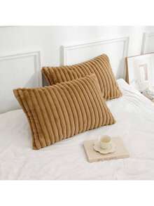1pc Faux Rabbit Fur Striped Pillowcase, Without Pillow Insert, Soft Plush Zippered Pillow Cover, Removable And Comfortable For Better Sleep - Brown - View 8
