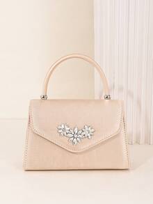 女士光滑缎面水晶花卉晚宴手拿包，奢华水钻装饰迷你手提包，配可拆卸链条肩带，女士正式婚礼派对钱包 - 香檳色 - 查看 6
