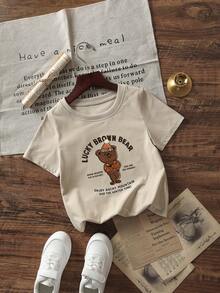 1 pieza Camiseta de manga corta de cuello redondo básica con estampado de letra de lema gráfico de dibujos animados para niños pequeños/bebés, casual y de moda - Albaricoque - Ver 3