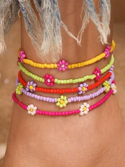 Bộ 5 chiếc vòng chân phong cách Boho đi biển, họa tiết hoa nhiều màu sắc, trang sức thời trang cá nhân hóa, phù hợp cho trang phục hàng ngày, hoàn hảo cho các bữa tiệc và kỳ nghỉ, phụ kiện đa năng cho phụ nữ trong trang phục thường ngày và ngày lễ.