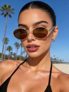 1pc Oval Small Frame Sardine Temple Metal Fashion Glasses, Summer Holiday Beach Accessory, Outdoor Driving Travel Eyewear - Brown - View 3
