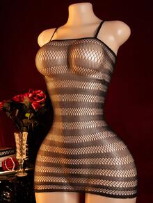 Women's Sexy Lingerie, Black Sexy Striped Mesh Patchwork Bodycon Slip Dress - Black - View 3