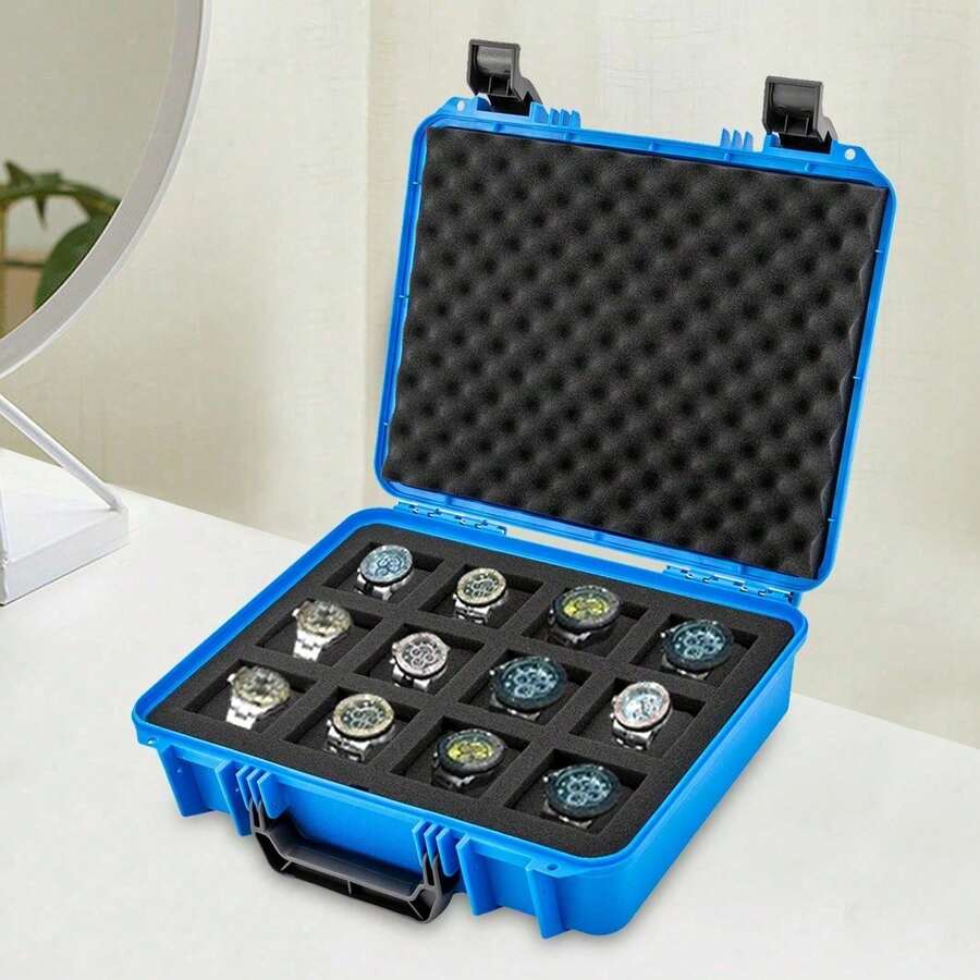 Blue 12 Slots Plastic Watch Travel Case Organizer Shockproof And Waterproof Hard Shell Protection Jewelry Storage Box, Sponge Lining,13.2*9.8*2.5in - Azul - Ver 1