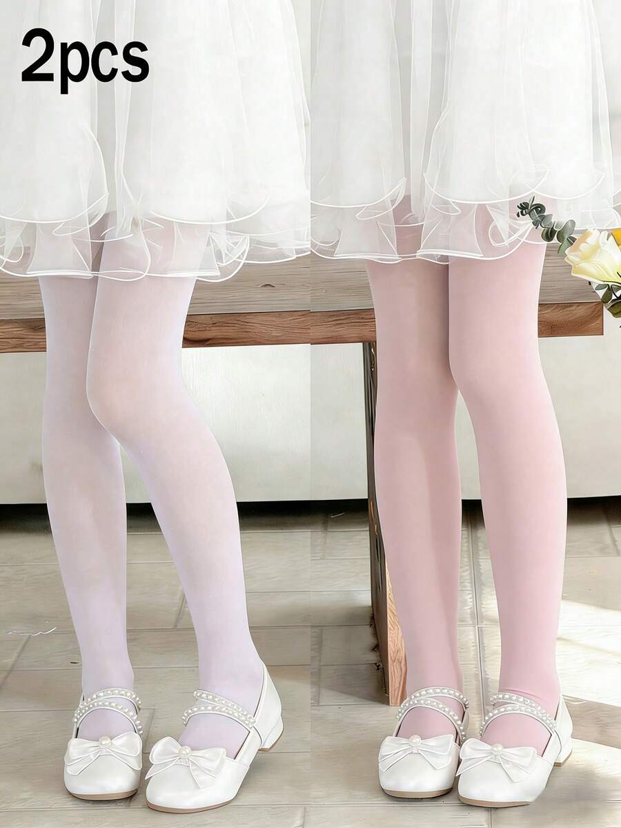 2pcs Girls' Solid Color Sheer Tight Leggings, Minimalist All-Match Versatile Stockings, Breathable & Cool For Summer - Multicolor - View 1