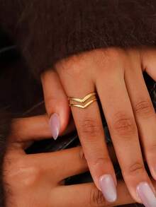 1 Stück 18K vergoldeter Edelstahl modischer, eleganter geometrischer V-förmiger verstellbarer offener Ring, vielseitig für Frauen für den Alltag, Urlaub, Party, Ausflug, als Geschenk - Gold - Übersicht 8