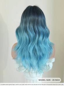 7JHH WIGS 中长款冰川蓝波浪假发，20英寸蓬松卷曲刘海，高密度全机织耐热纤维合成假发，适合角色扮演、万圣节、嘉年华、音乐节等派对佩戴。 - 漸層藍色 - 查看 4