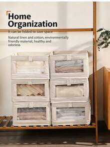 1/2pcs Fabric Transparent Window Linen Storage Box, Closet Organizer - Beige - View 7