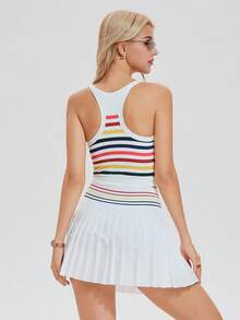 AFZ 2PCS Color-Block Cami Set Vintage-Style Camisole Top Paired With A Pleated Skirt That Features Built-In Shorts And Hidden Pockets. Retro Casual Sporty Style, Perfect For Tennis And Golf - regnbåge - Visa 2