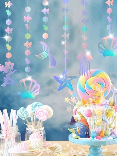 6件套美人鱼花环，彩虹色美人鱼花环，饰有水母、贝壳和星星 - 适合美人鱼主题生日派对、彩虹主题单身派对、海洋主题派对装饰，闪光纸板材质，1/6件