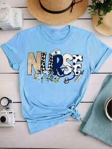 Women's Nurse Print T-Shirt - Themed Design, Short-Sleeved, Round-Neck, Loose-Fitting Top, Breathable And Machine Washable, In A Bright Turquoise Blue With Stethoscope And Syringe Patterns, A Fun Nursing Outfit Suitable For Casual Wear In Spring, Summer, And Autumn, Ideal For Nurses' Day And Everyday Workwear - Màu xanh nhạt - Xem 3