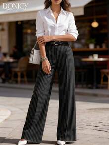 DONICY 女士黑色细条纹长裤，高腰褶裥阔腿裤，带腰带环，优雅的办公服饰 - 黑色 - 查看 9