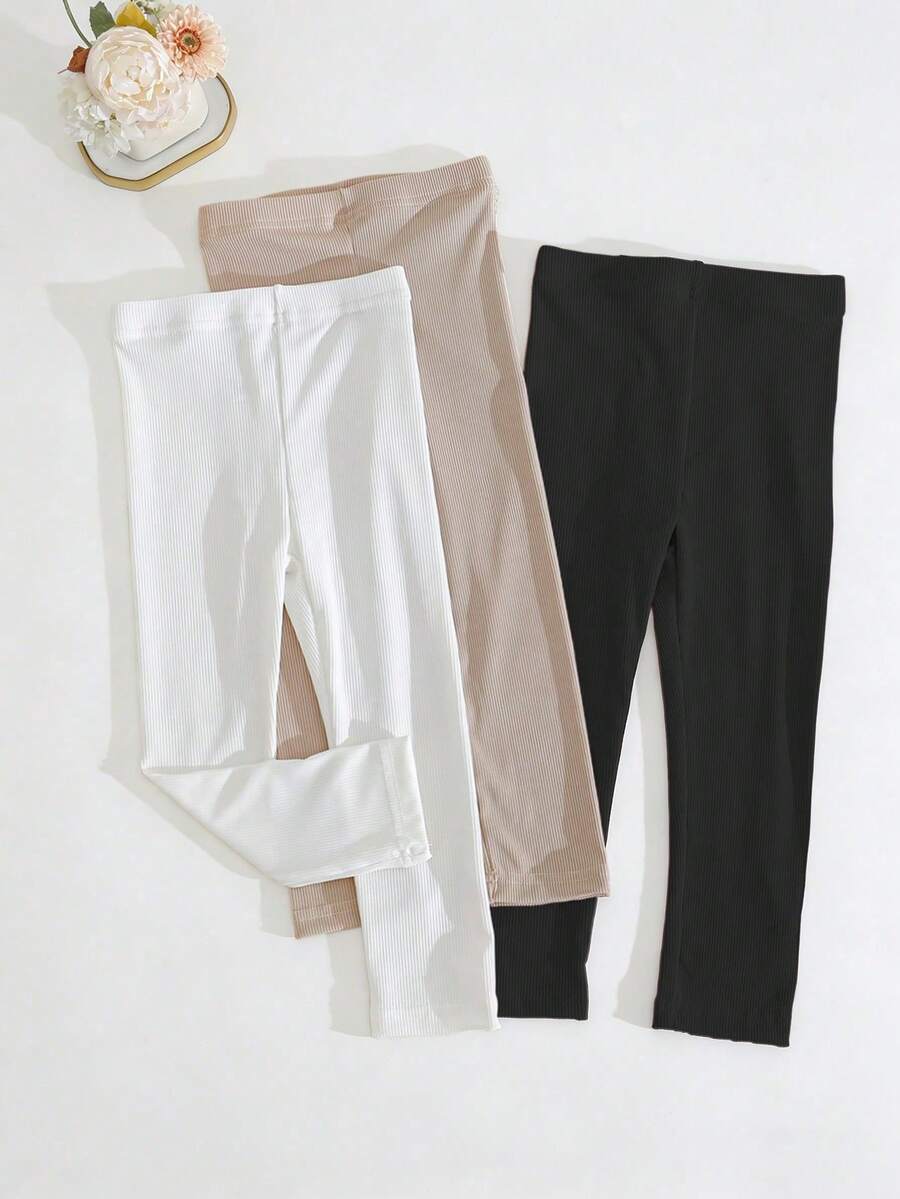 3 Pairs Girls' Solid Color Skinny Cropped Leggings, Lightweight Spring/Summer Tights, Suitable For 2-12 Years Old Children - Multicolor - View 1