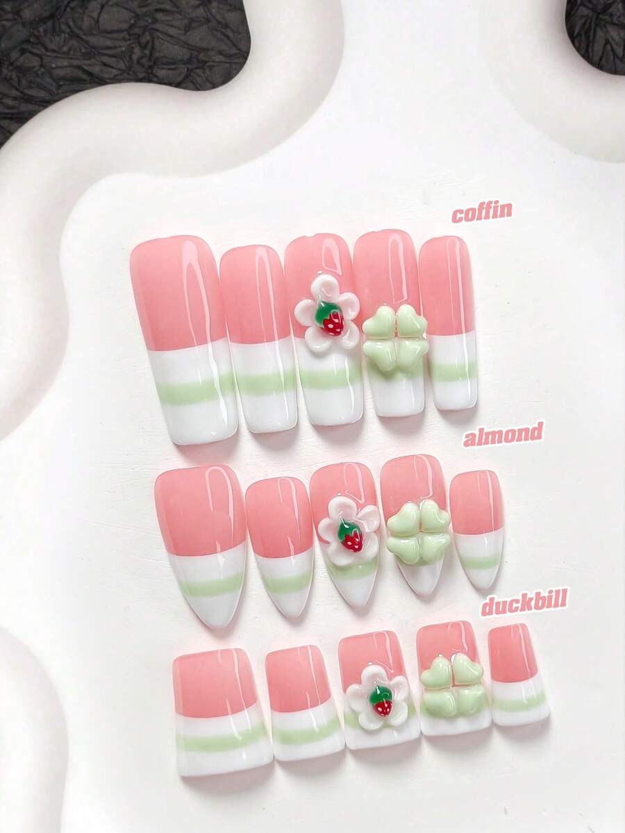 10片裝糖果風手工穿戴甲,Polygel美甲套組,手工製作,花朵與草莓圖案,綠色、白色、紅色指甲油,清新風格,含美甲工具,3種尺寸可選,杏仁形、鴨嘴形、棺材形,適合派對、跳舞、日常配戴 - 彩色 - 查看 1