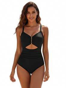 Traje de Baño Enterizo para Mujer, Colorblock/Sólido, Detalle Metálico, Corte y Fruncido, Cuello en V con Tirantes, Ajustado para Playa y Vacaciones de Verano - Negro - Ver 6