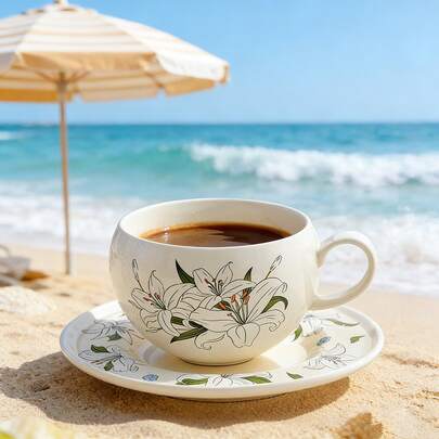 夏季及母亲节礼物：花卉陶瓷咖啡杯碟套装，美观球形马克杯，可爱花卉茶杯，适合下午茶