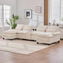Modern Large 126.77" U-Shaped Chenille Cloud Sofa With 2 Recliners, Soft 4-Seat Modular Sectional Sofa Bed With Cushioned Pillows And Storage Table, Ergonomic Design, Durable Solid Wood Frame, Suitable For Living Room, Bedroom, Apartment(Beige) - Beige - View 3