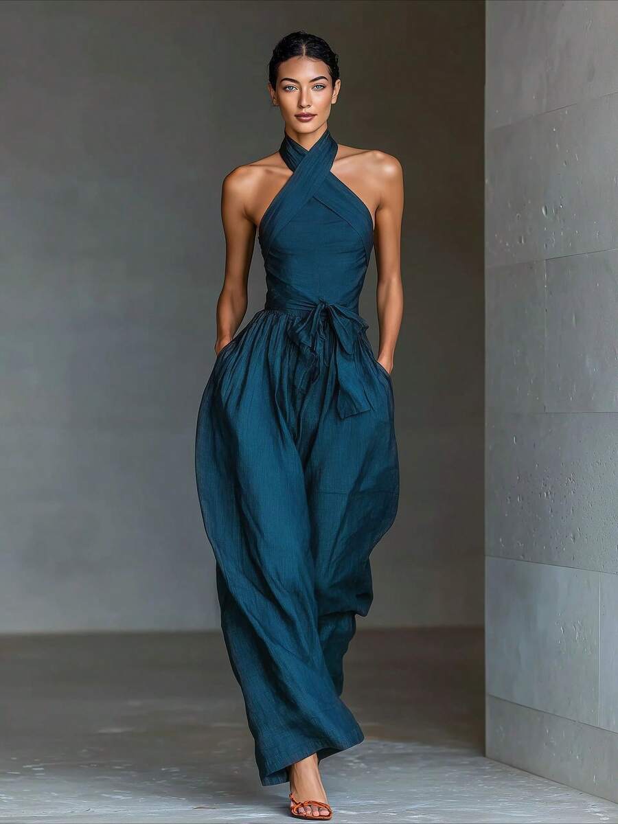 2026 Summer New Women's Fashion Elegant Temperament Lace-Up Linen Fabric Cross Strap Wide-Leg Jumpsuit Romper - 藍色 - 查看 1
