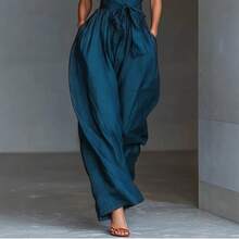 2026 Summer New Women's Fashion Elegant Temperament Lace-Up Linen Fabric Cross Strap Wide-Leg Jumpsuit Romper - 藍色 - 查看 5