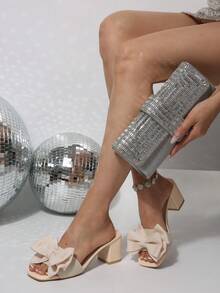 Sandal cao gót nữ bằng da PU bóng, kiểu dáng ngoài trời, có nơ, thích hợp cho tiệc tùng và mùa hè. - Màu be - Xem 2