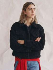 OUTTA BOX Party Chic Solid Color Faux Sherpa Women Long Sleeve Jacket, Winter - Black - View 2