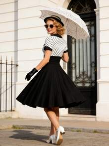 Elegant Heart Neck Polka Dot Short Sleeve A Line Dress For Women Vintage Style Fitted Waist Knee Length Flared Hem - 黑與白 - 查看 5