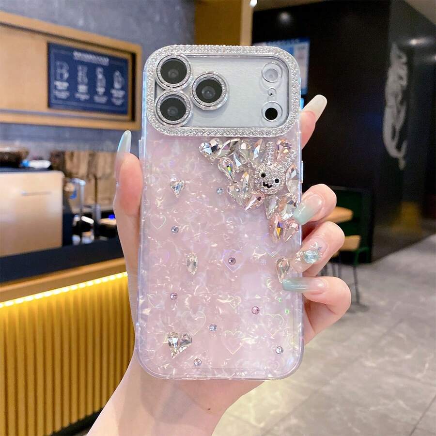 1 chiếc ốp lưng điện thoại TPU chống sốc cao cấp dành cho nữ, họa tiết vỏ sò đính đá hồng, hình trái tim khắc laser, hình thỏ đính đá 3D lập thể, phủ toàn bộ bề mặt, phù hợp với 11/12/13/14/15/16/17 PROMAX, đính đá, hình trái tim khắc laser, quà tặng Ngày của Mẹ, Lễ hội Thuyền Rồng, quà tặng ngày lễ. - Hồng - Xem 1