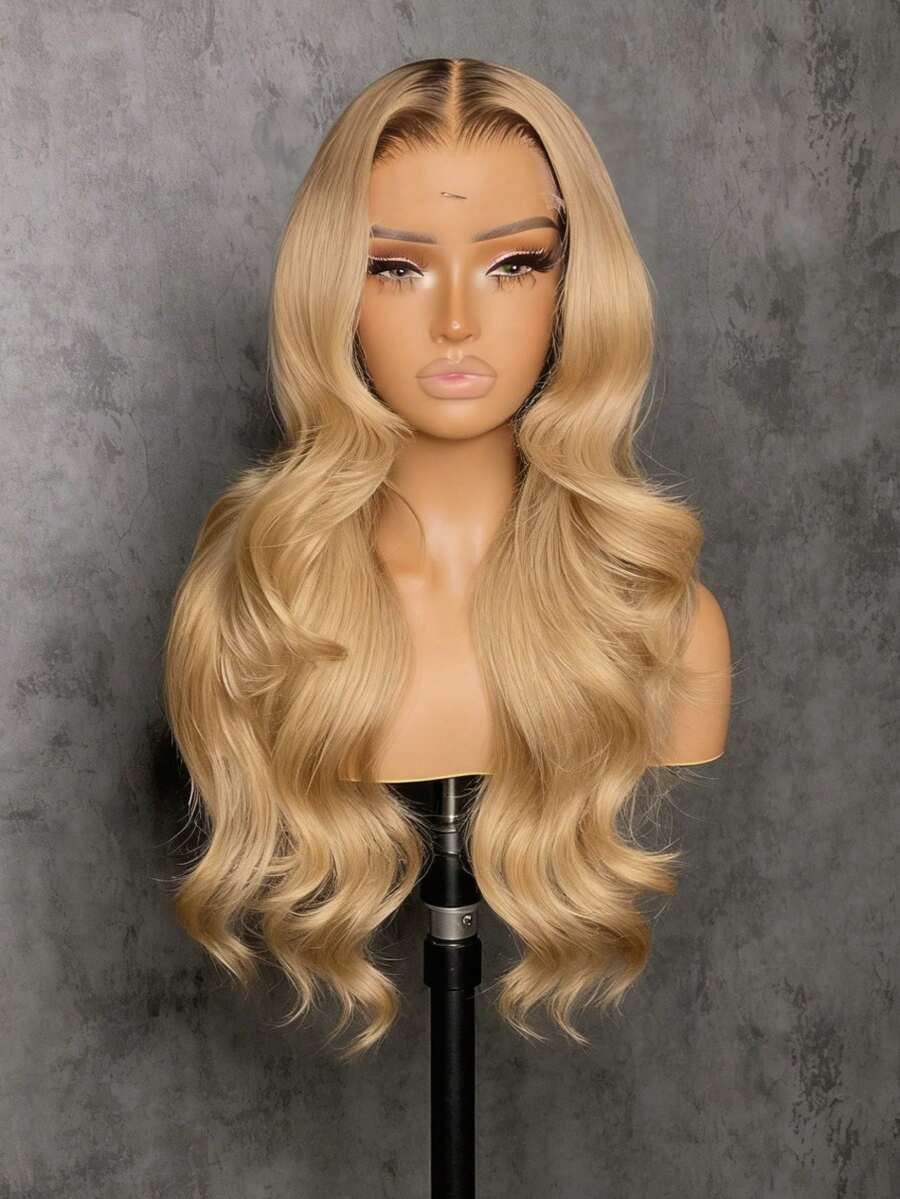 Ombre Blonde Body Wave Synthetic Wigs Natural Looking 13x4 Hd Lace Front Wigs Free Parting Glueless Wigs Synthetic Hair Heat Resistant Fiber Ombre Blonde Color Water Wave Synthetic Lace Front Wig For Women - bóng vàng - Xem 1