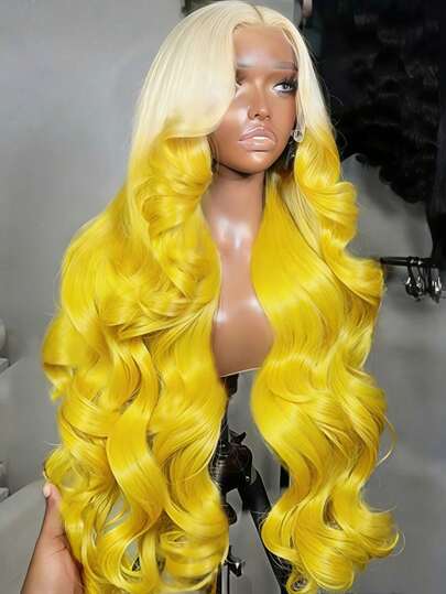 Ombre Blonde Yellow Body Wave Lace Front Wigs Human Hair With Baby Hair 13x4 HD Transparent Ombre Platinum Blonde Glueless Wigs Human Hair Pre Plucked Natural Hairline 200 Density Baby  Wave Lace Frontal Wigs Baby Hair  For Women Daily Life Use