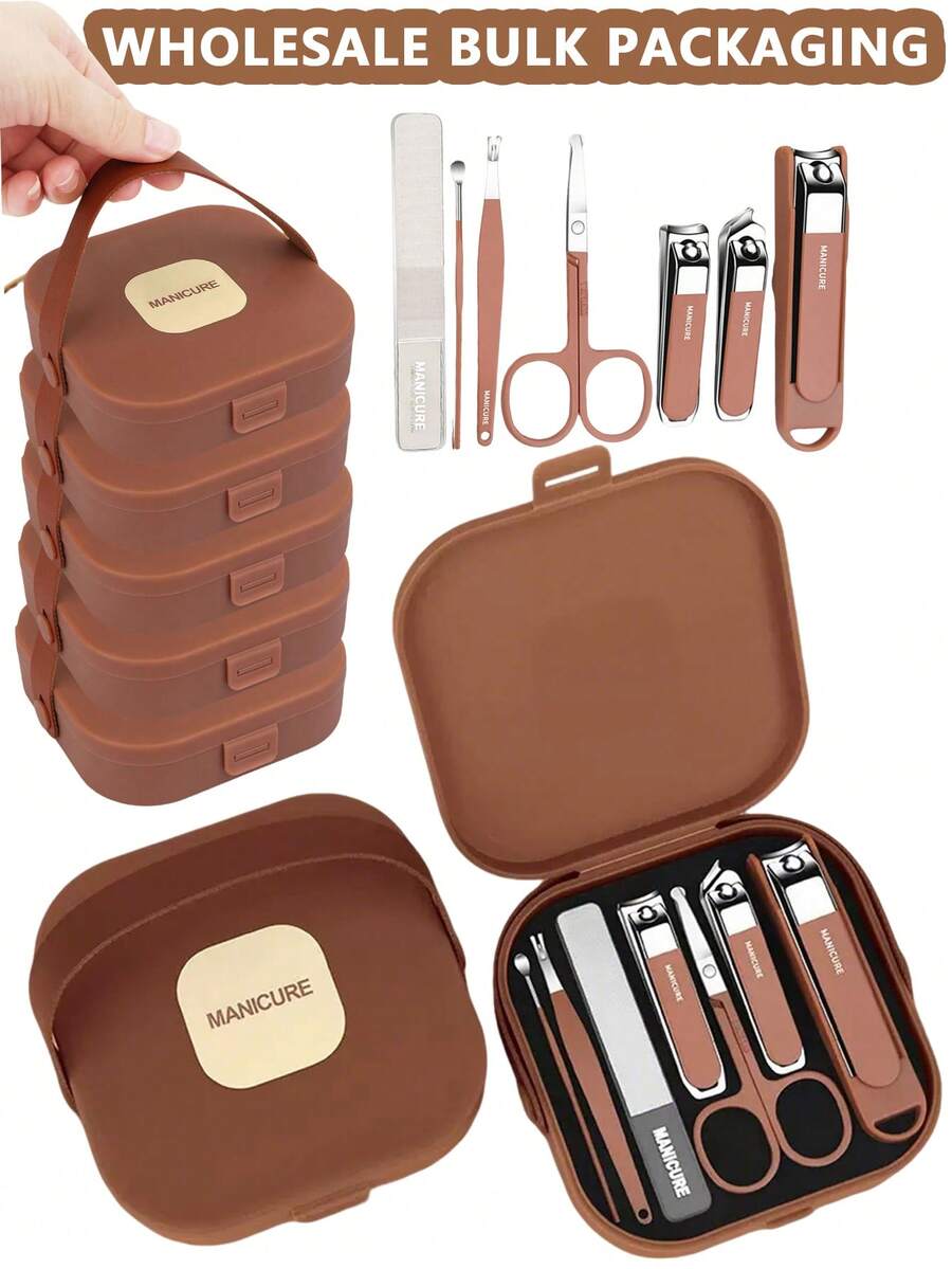 Set de cortaúñas marrón, paquete a granel, set de cortaúñas y lima de acero inoxidable, herramientas de cuidado de manos, kit de viaje portátil, regalo creativo - Multicolor - Ver 1