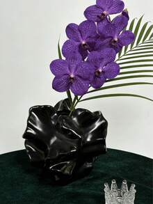 1Pc Glossy Black Ruffled Edge Art Vase, Asymmetric Petal Shape Nordic Modern Minimalist Resin Flower Vase, Home Decor Ornament For Living Room Entrance Desktop, Housewarming & Birthday Gift - New Model - View 5