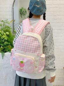 新款经典返校/毕业季草莓蝴蝶结图案优雅简约多功能舒适旅行大容量多功能背包 - 粉色 - 查看 2